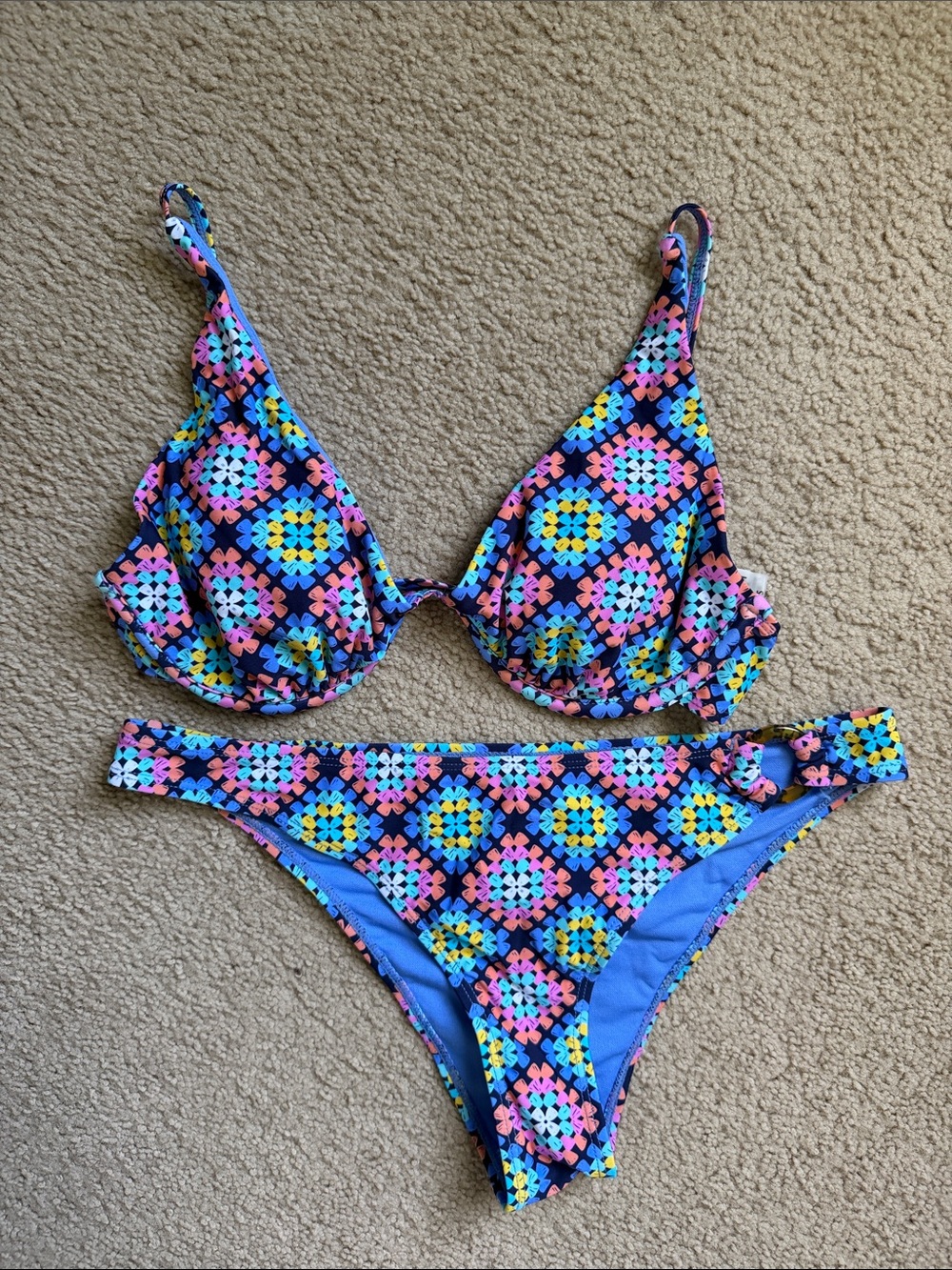 Floral Mosaic Blue & Pink Triangle Bikini